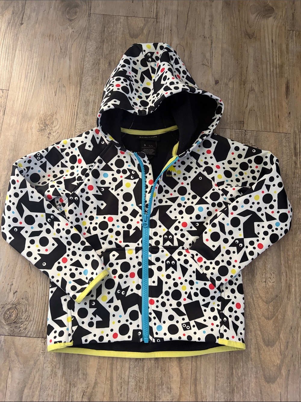 Burton Black & White Polka Dot Hooded Jacket with Blue, Yellow & Red Accents